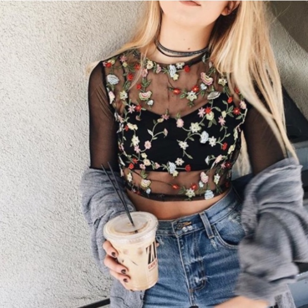 LF Floral Embroidered Mesh Long Sleeve Crop